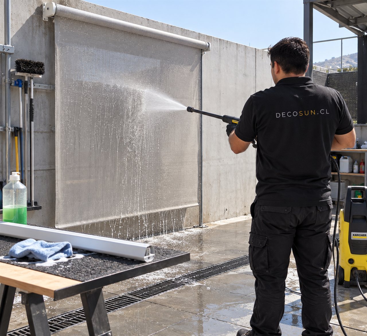 Limpieza con agua de una tela Screen vertical y barra inferior separada en el taller DecoSun