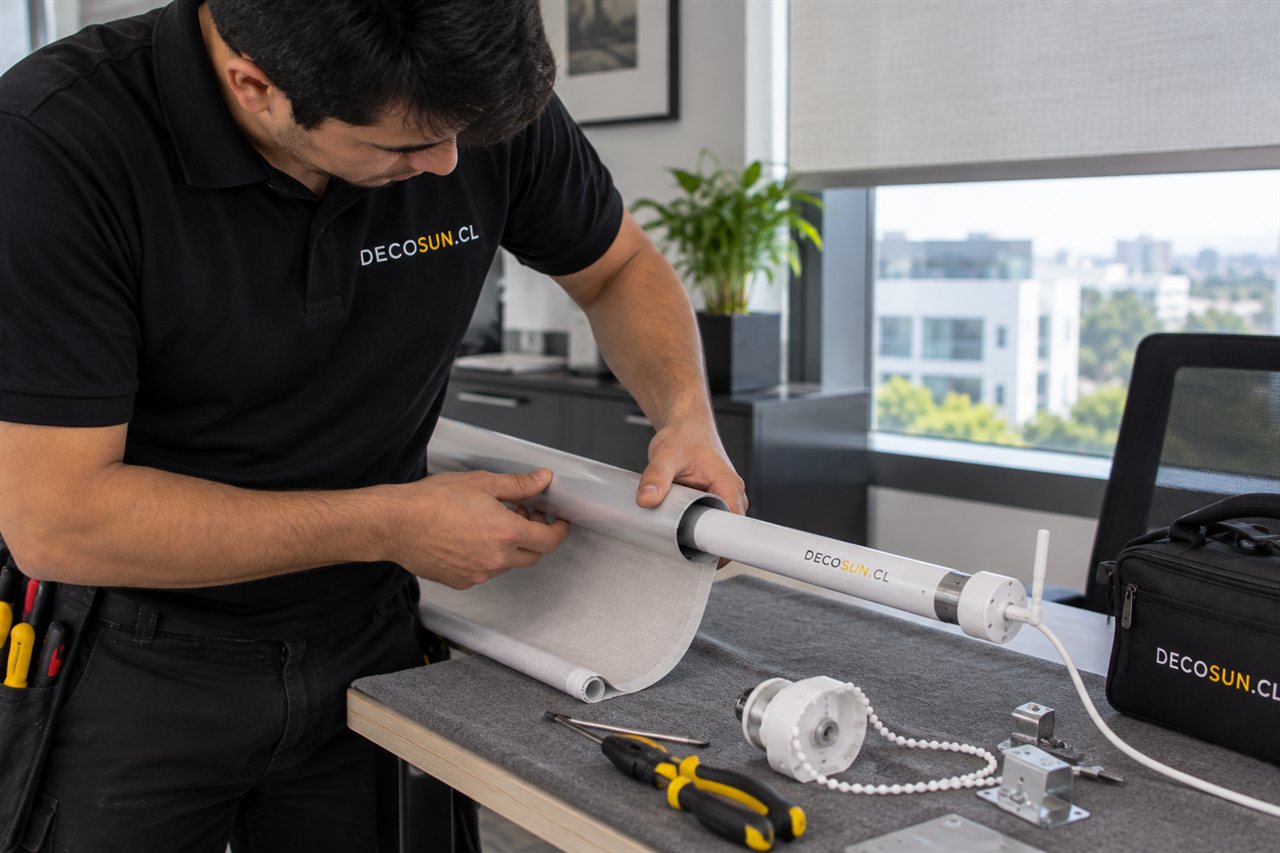 Técnico DecoSun integrando un motor tubular en el tubo de una cortina Roller existente