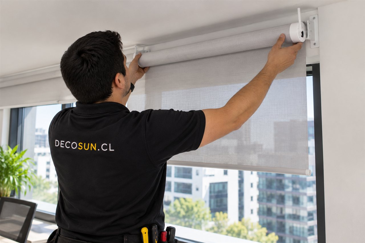 Técnico DecoSun reinstalando una cortina Roller motorizada sin cadena manual