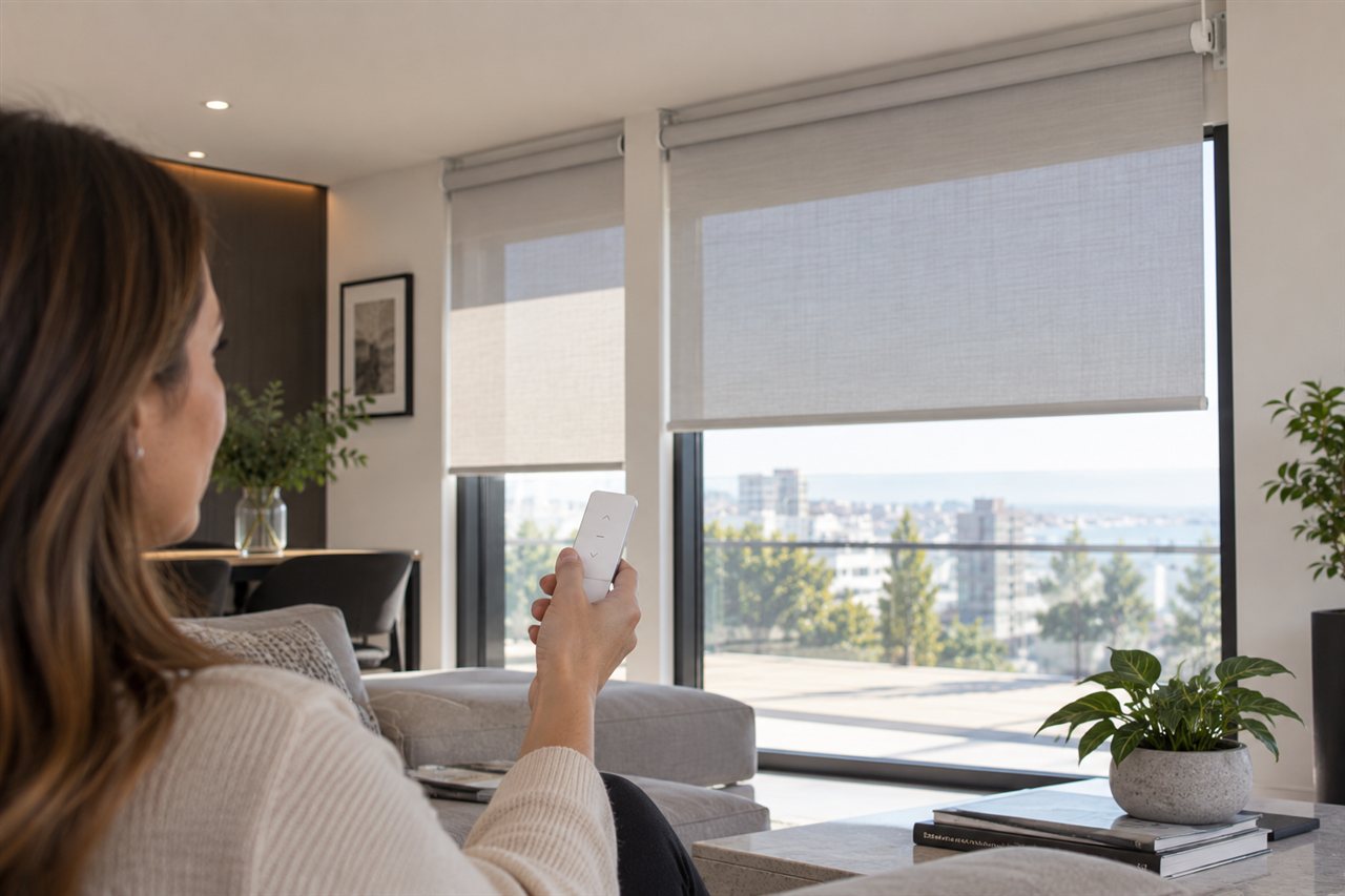 Persona usando un control remoto para accionar cortinas Roller en un living con vista al mar